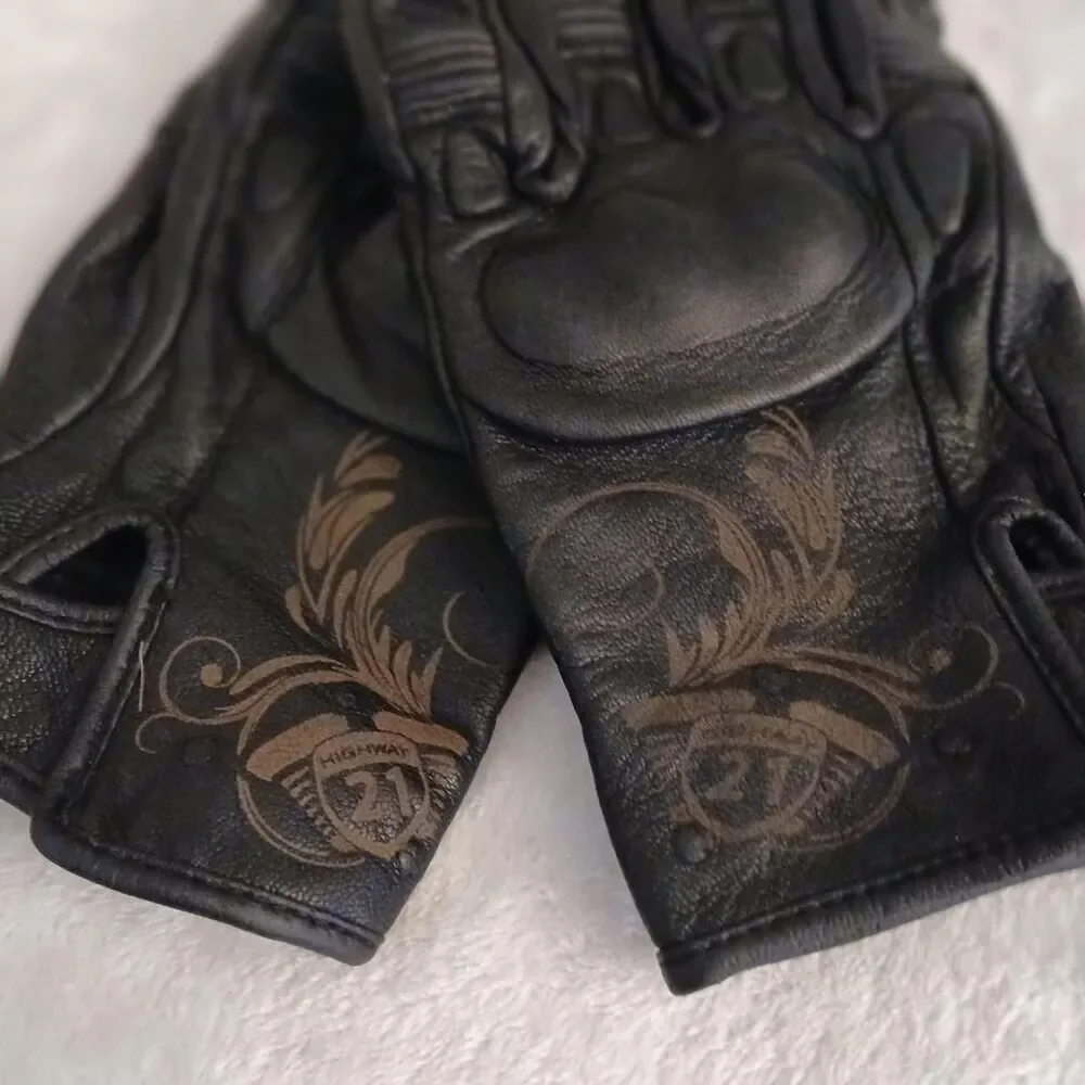 Highway 21 Black Ivy Knuckle Guard Leather Gloves Ladies Biker Chick Riding Gear